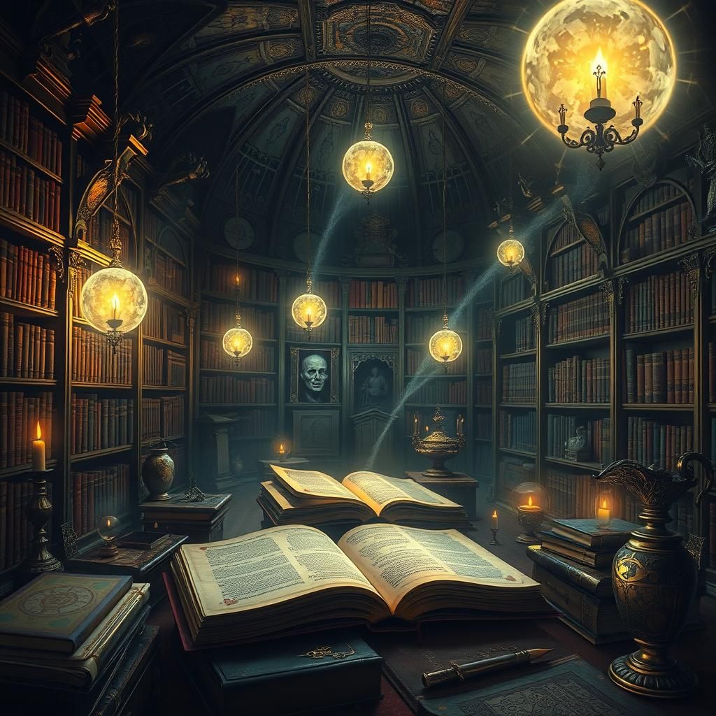 Mystical Library with Ancient Tomes and Divine Light