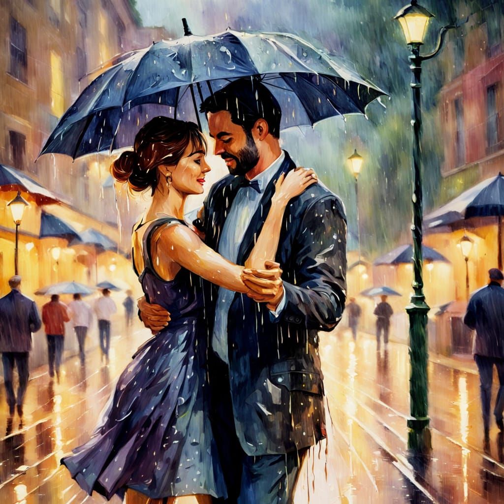 Romantic Impressionist Couple Dancing in Summer Rain