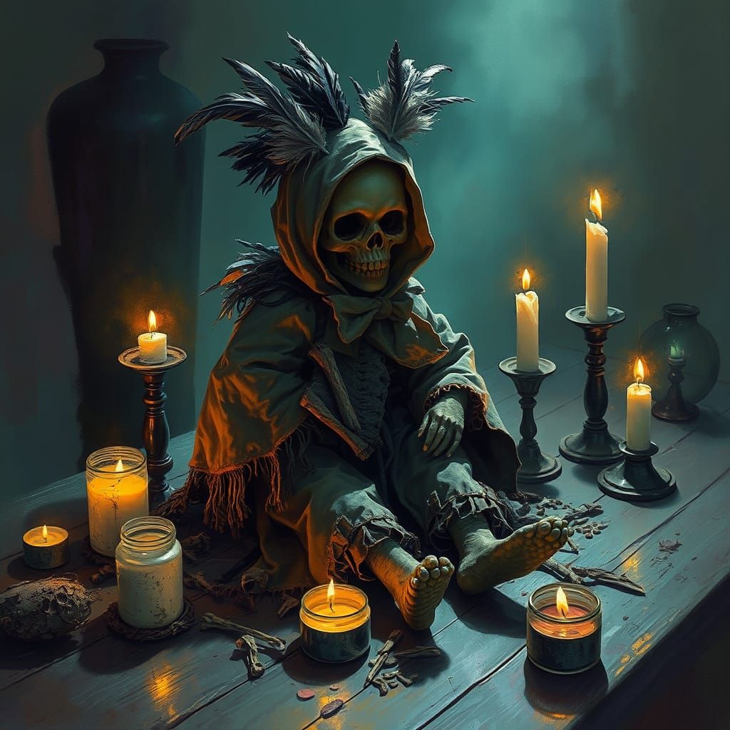 Voodoo Doll in Ritualistic Robes, Amidst Mystic Green and Pu...
