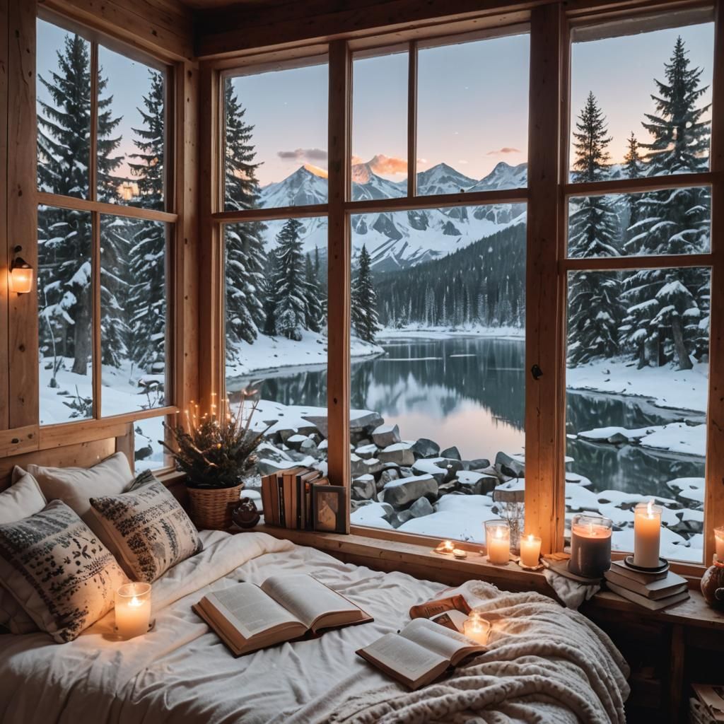 Cozy Winter Cabin Bedroom with Snowy Lake View
