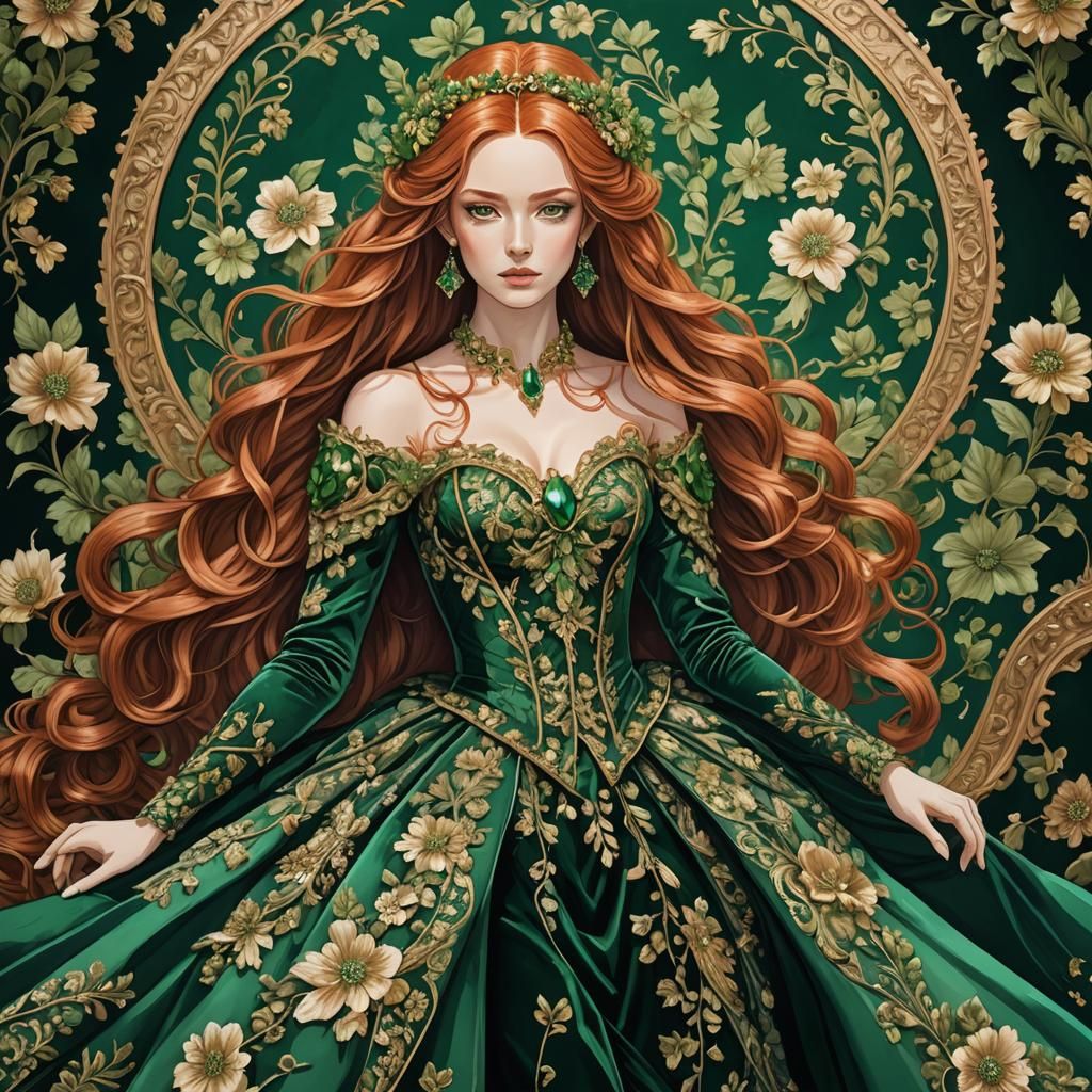Baroque Anime Woman in Emerald Couture Gown