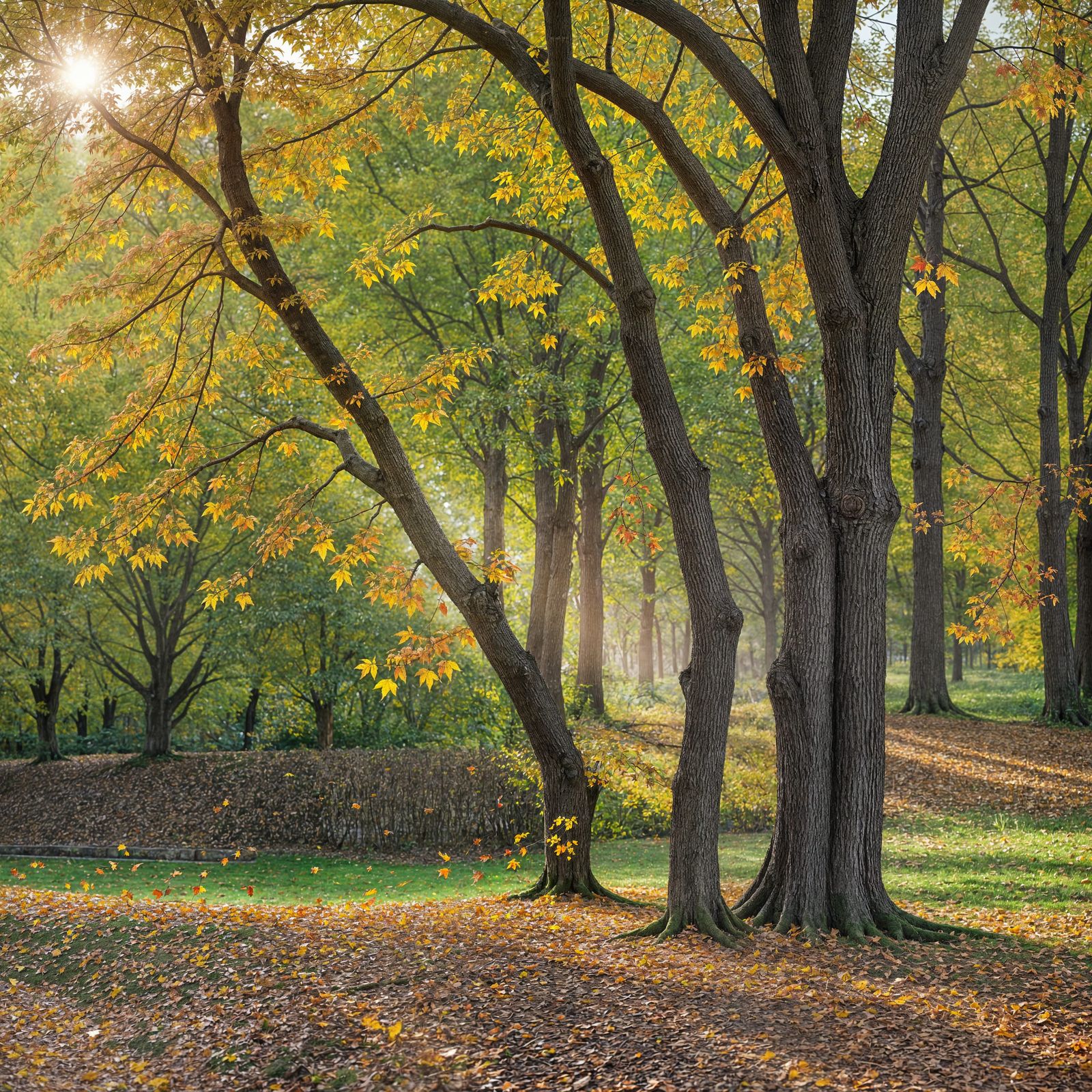 Tree with Orange Leaves Falling at Dusk