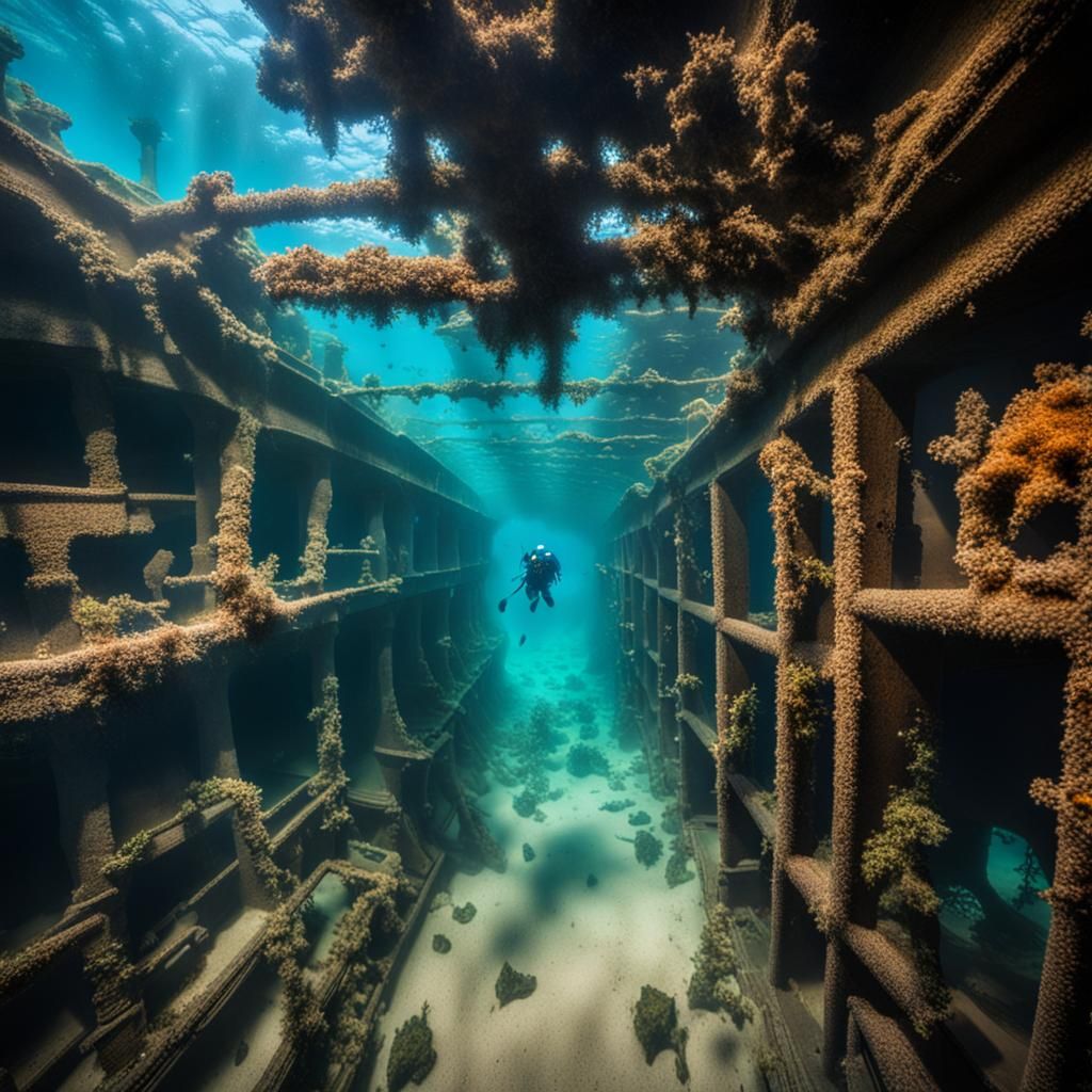 Underwater Shipwreck Interior with Sea Life