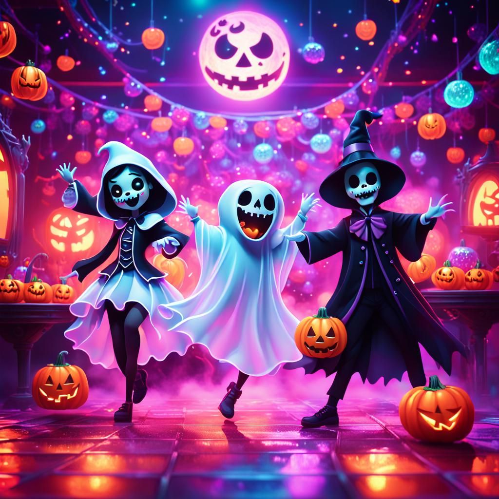 Kawaii Halloween Disco with Ghost and Vampire Characters