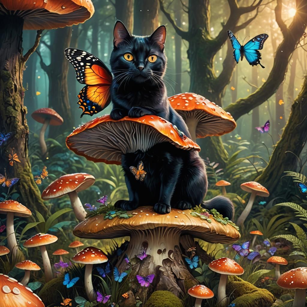Black Cat with Butterfly Wings in Whimsical Forest