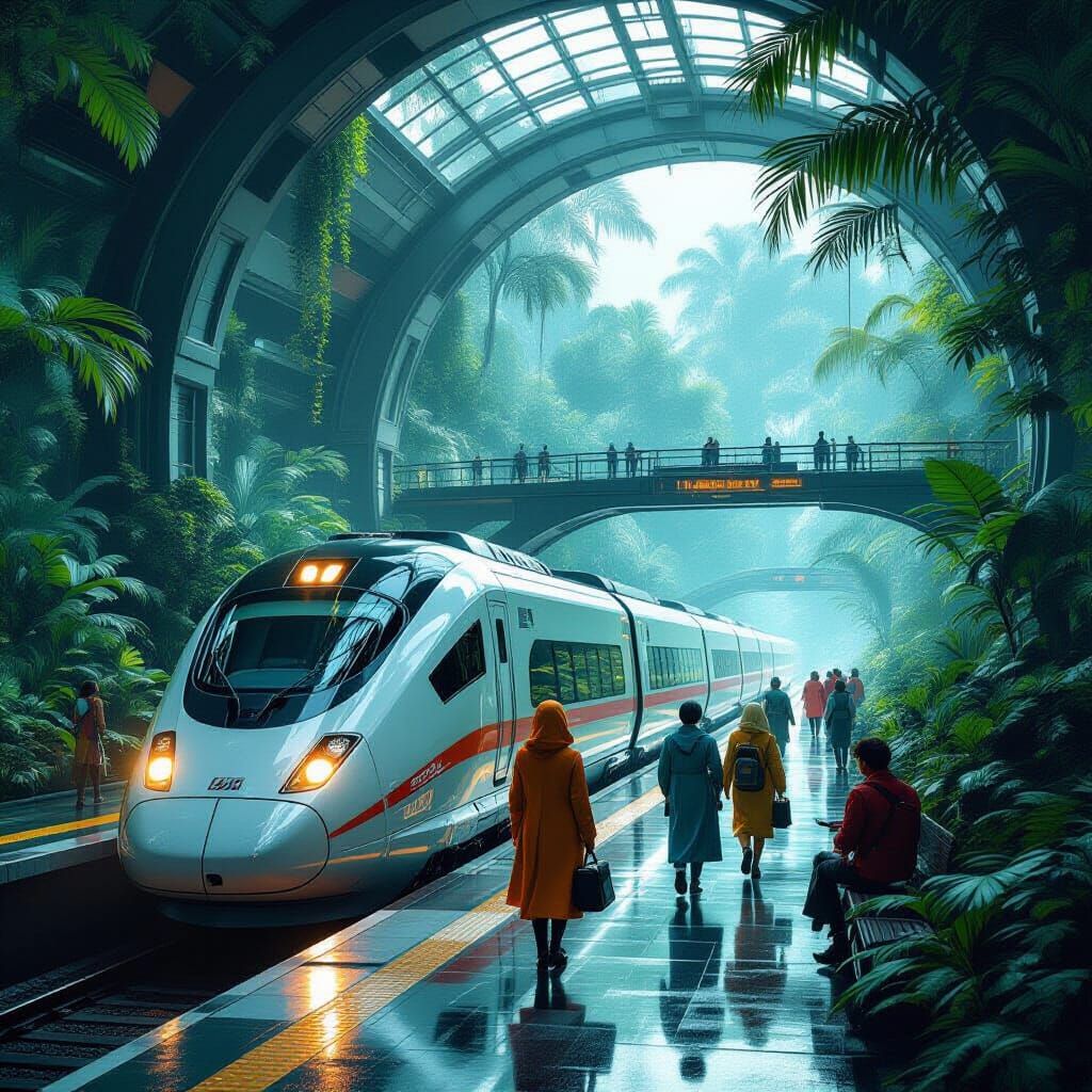 Futuristic Train Station in Rainforest, Art Deco Biopunk Sty...