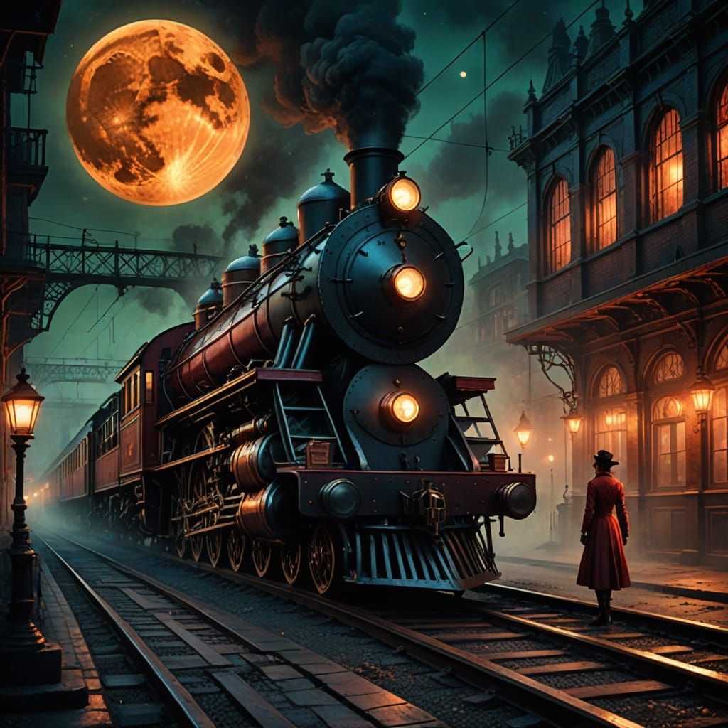Steampunk Woman Waits for Glass Train Under Full Moon