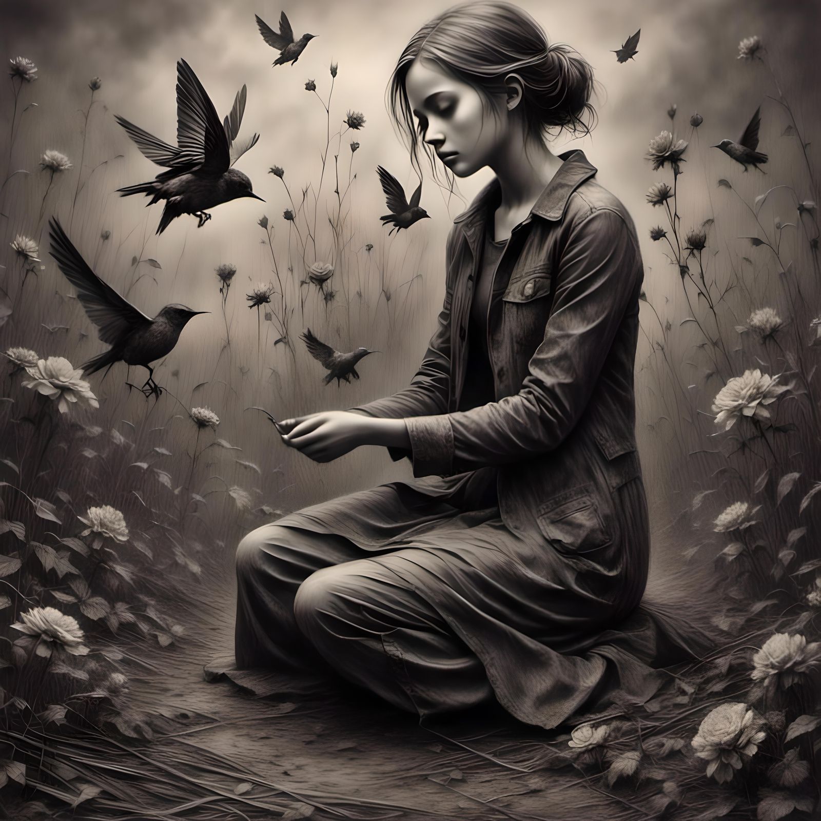 Dying Race in Pencil and Charcoal