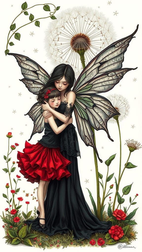 Fairy and Girl under Dandelion in Rococo Dreamwave Style