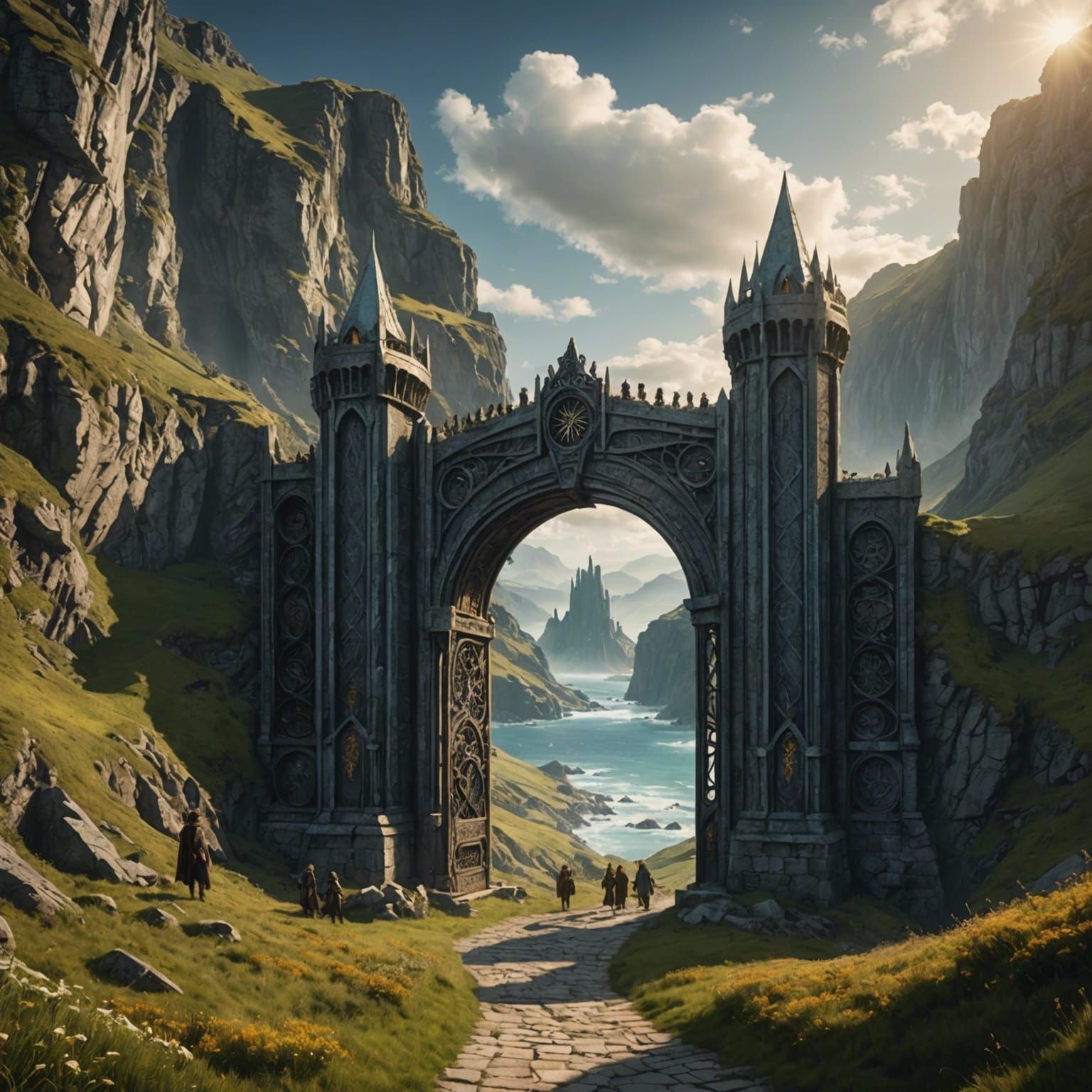 Epic Valley Gate Scene with Crowds