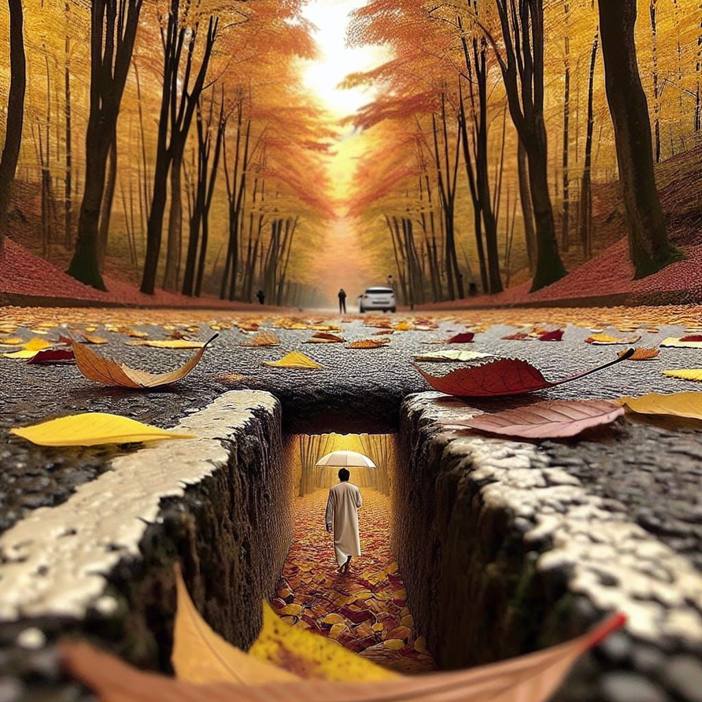 Photorealistic Autumn Road Framed by Leaves
