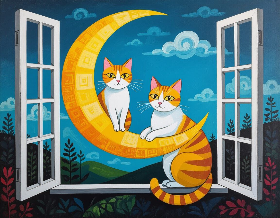 Cat on Moon: Surreal Naive Art in Maximalist Style