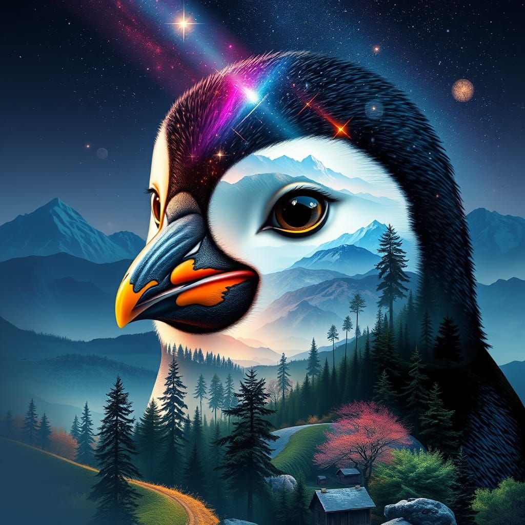 Mystical Penguin Portrait in Vibrant Ayahuasca Style