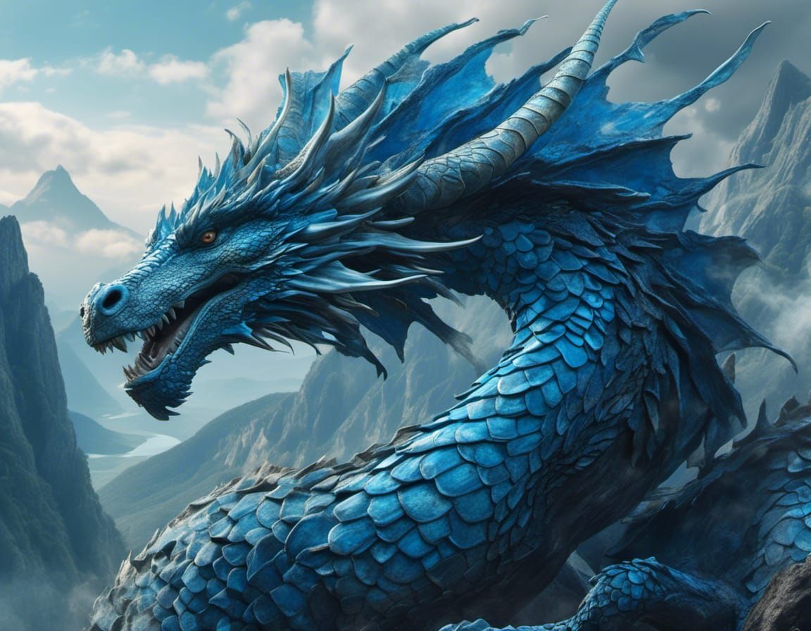 Hyperrealistic Blue Dragon Head in Mountain Landscape