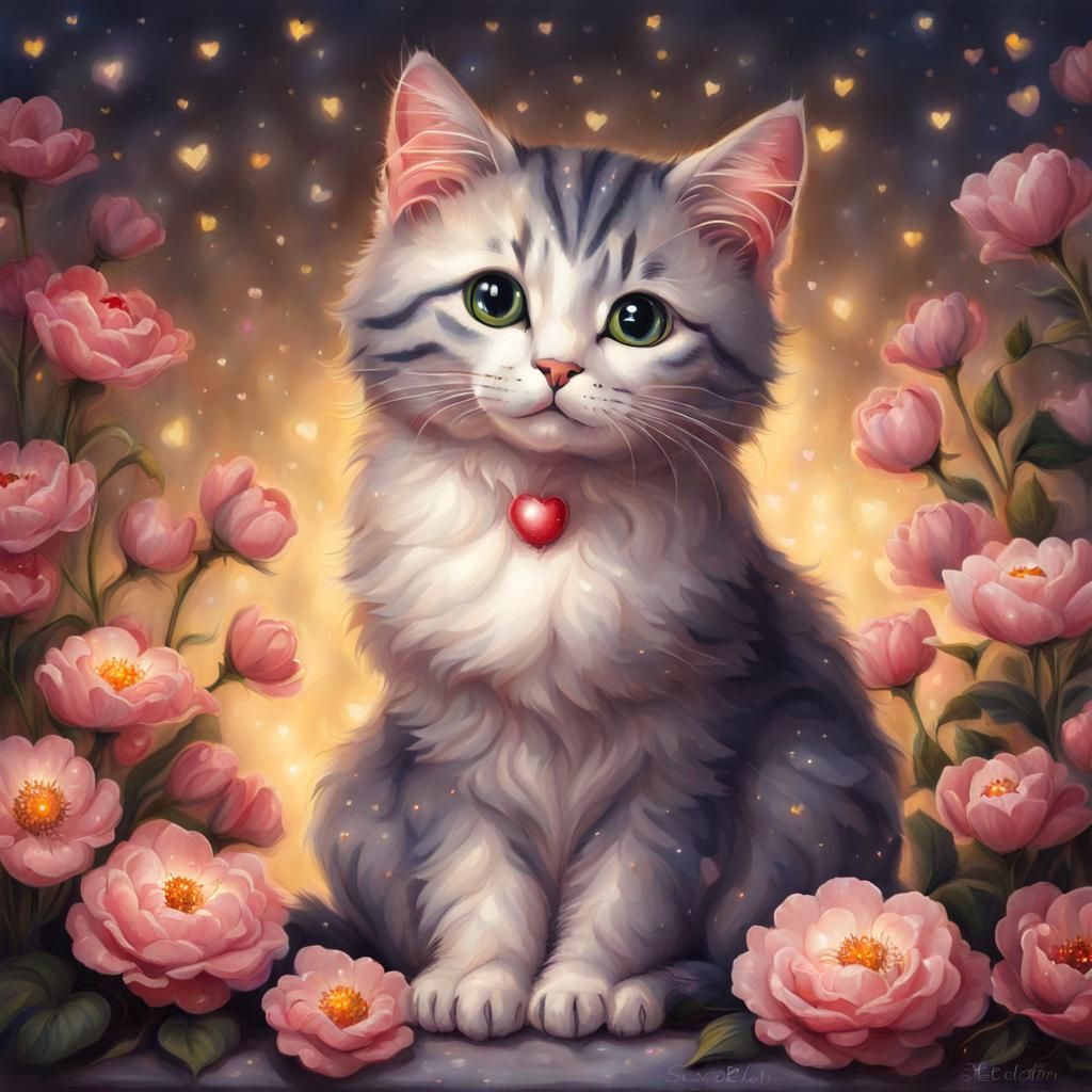 Cute Cat Surrounded by Flowers and Heart Lights