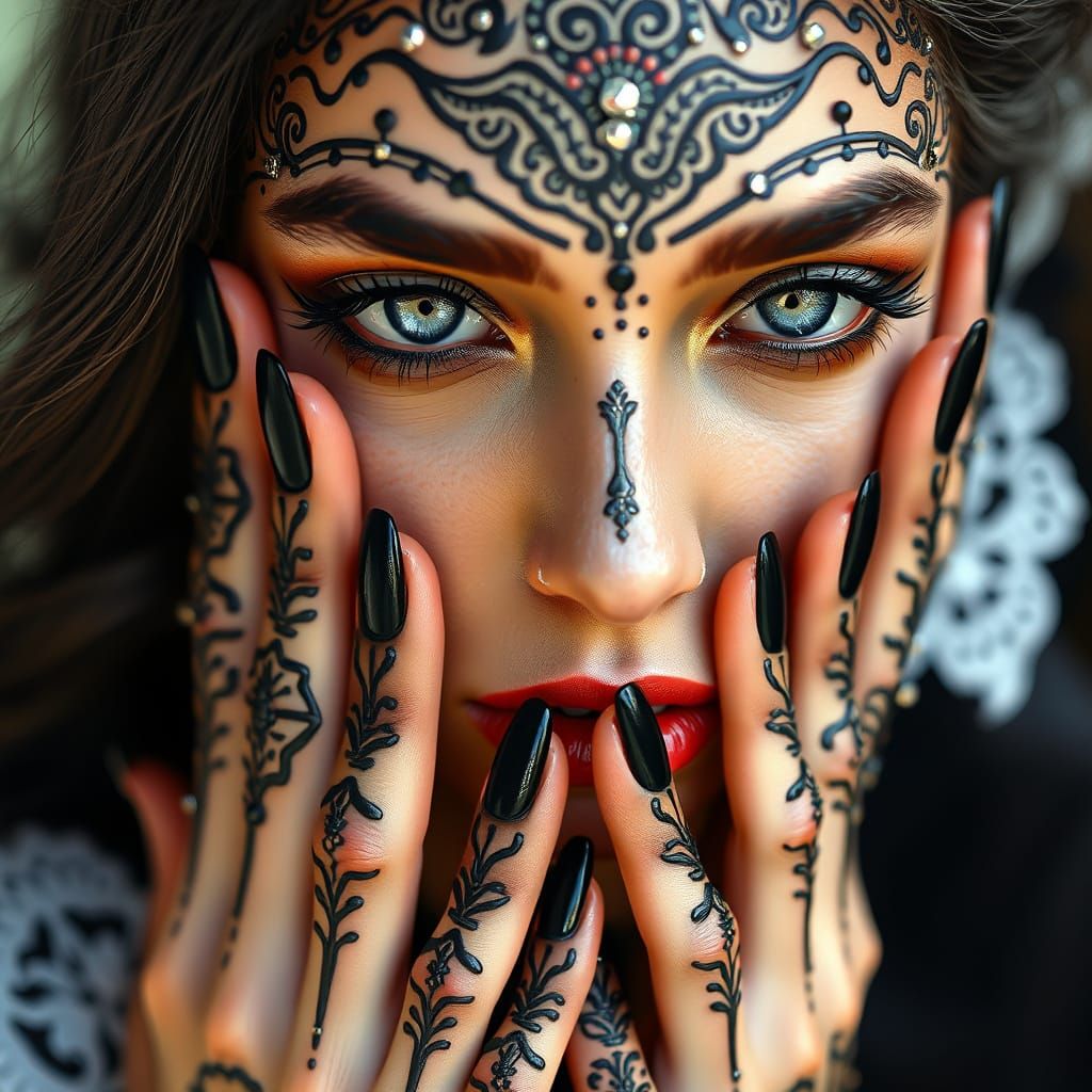 Woman With Intricate Henna Patterns and Silver Embellishment...