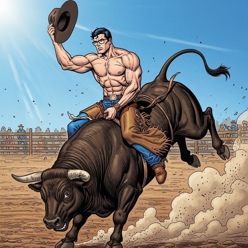 Muscular Clark Kent Rides Bucking Bull in Comic Art Style