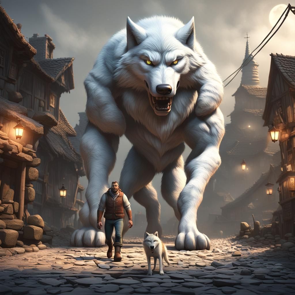 Giant Wolf and Man in Medieval City, 3D Digital Art