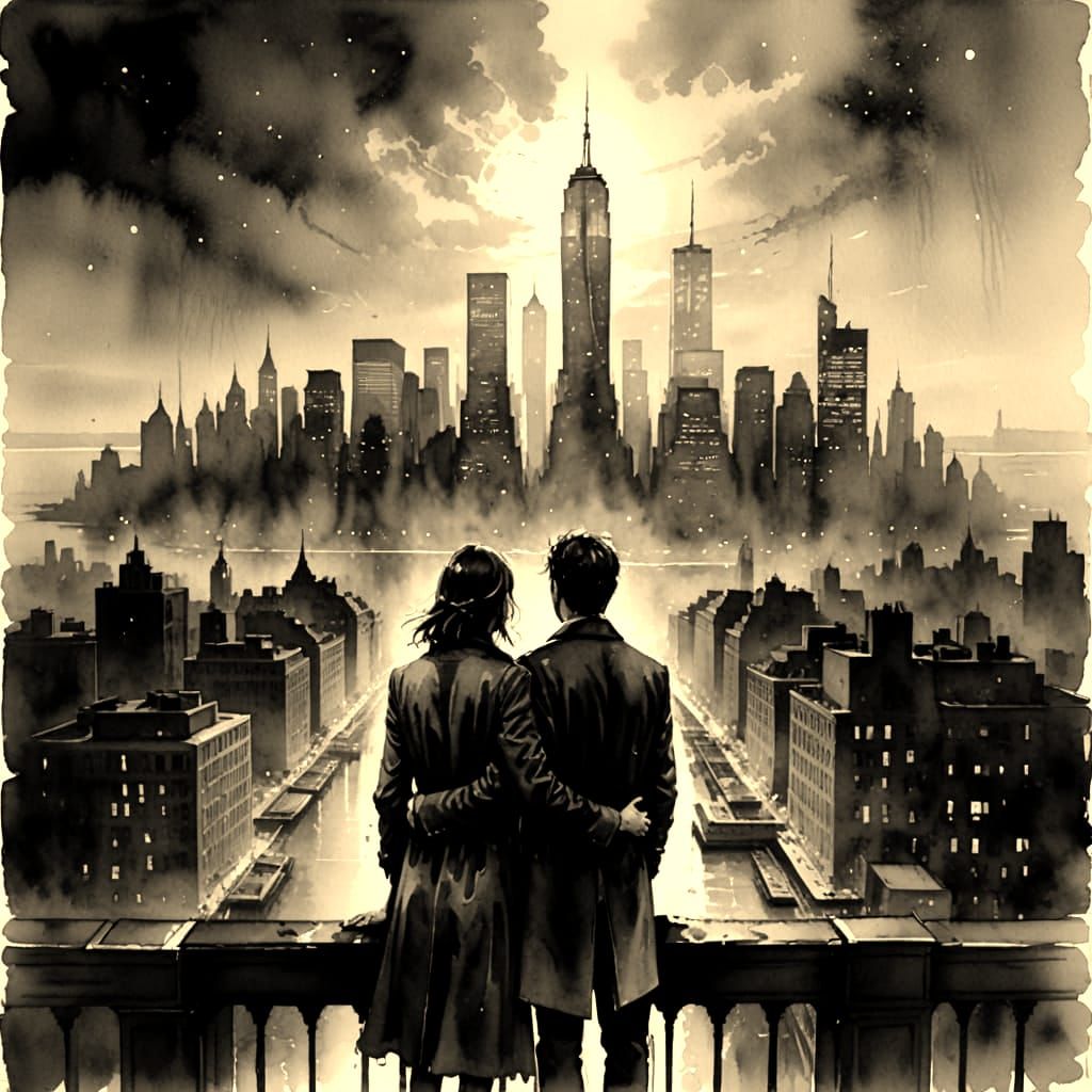 Two Lovers Embrace Under New York Moon, Watercolor