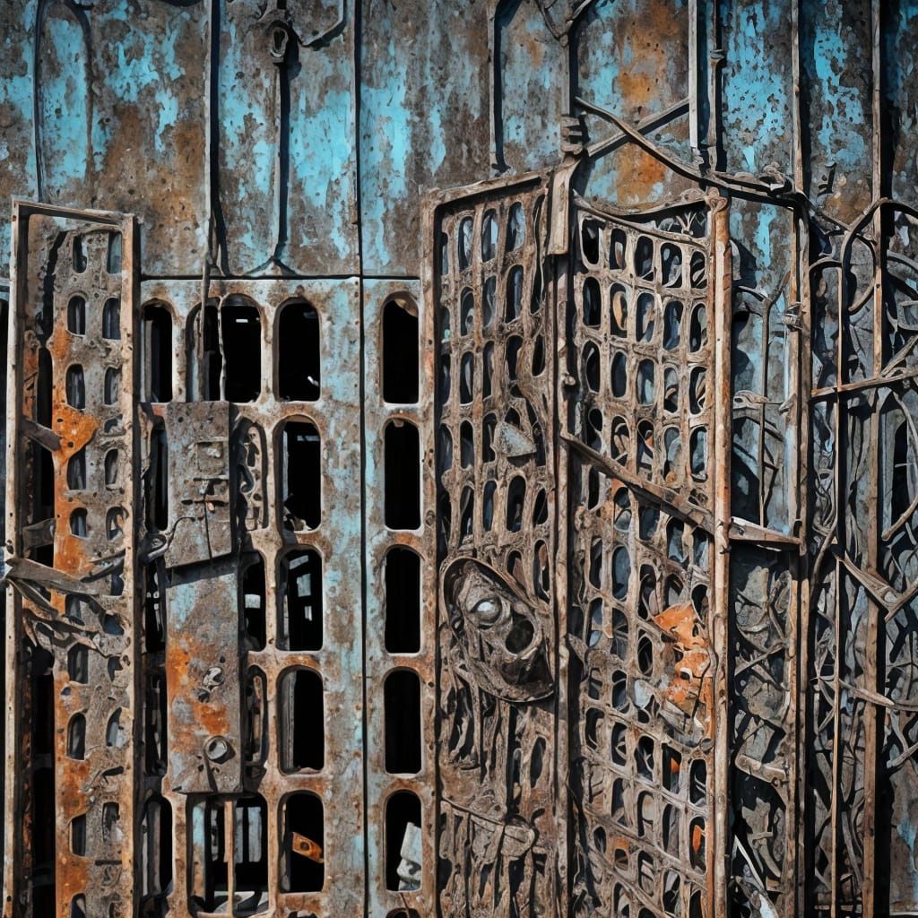 Iron Sculpture in Urban Ruins: Digital Art