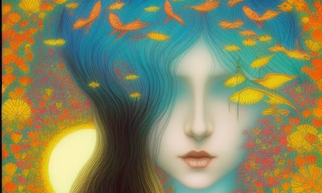 Fairytale Girl with Birds and Flowers in Magic Realism