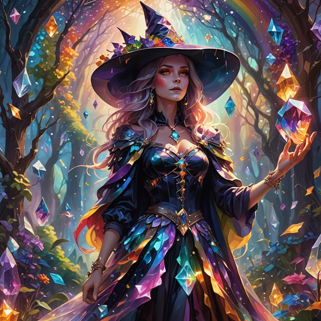 Rainbow Crystal Garden Witch in Fantasy Art Style