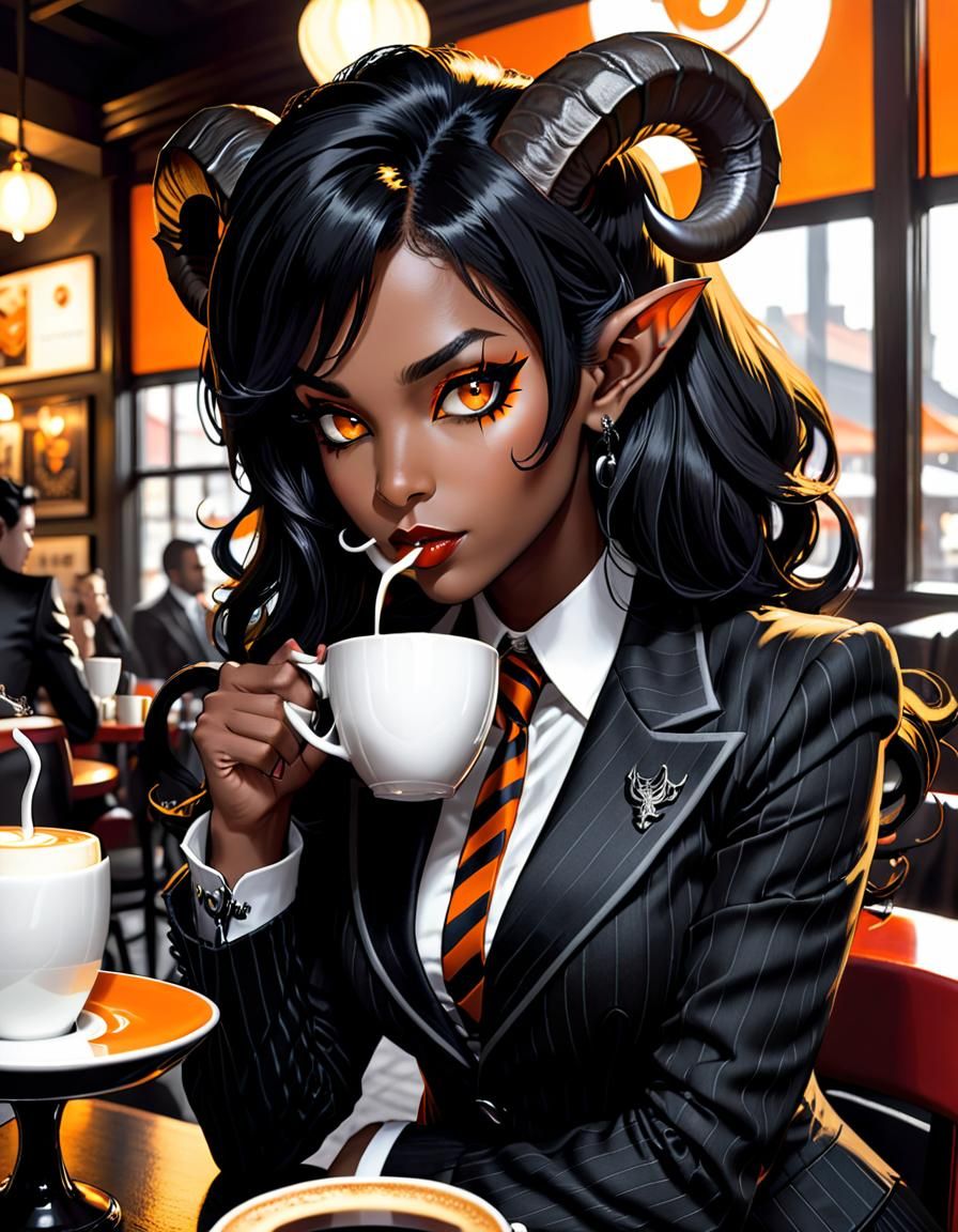 Tiefling Sipping Coffee in Comic Book Style