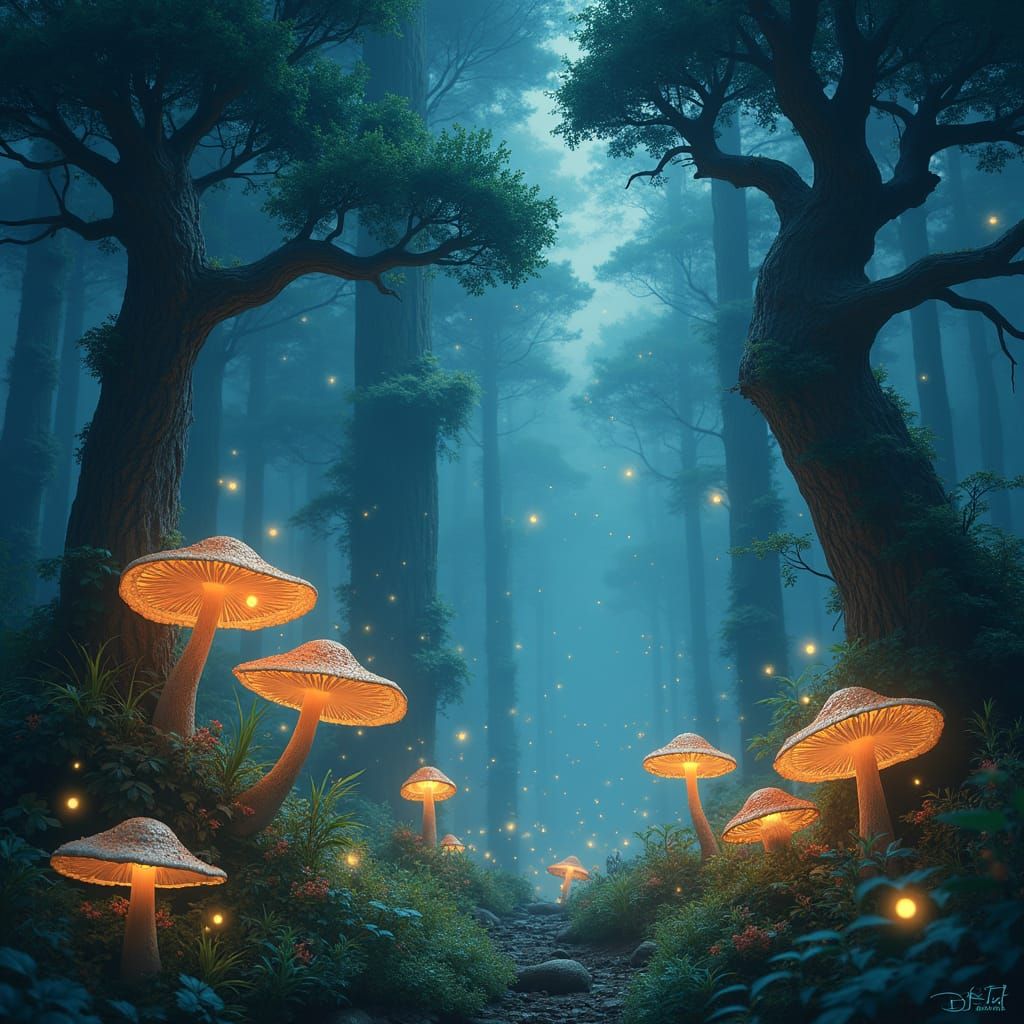 Surreal Forest Under Starry Night Sky with Glowing Mushrooms...
