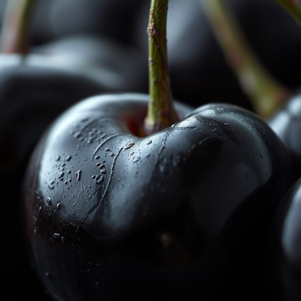 Ripe Black Cherry in Hyperrealistic Cinematic Style