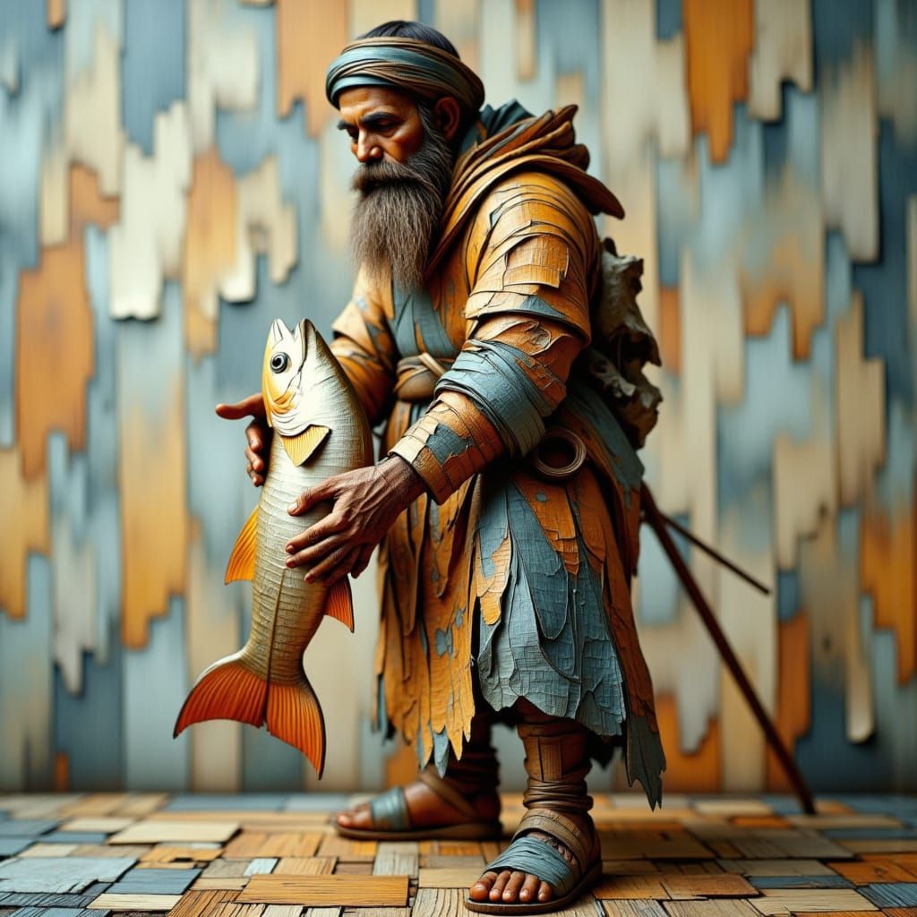 Serene Fisherman Figurine in Earthy Birch Bark