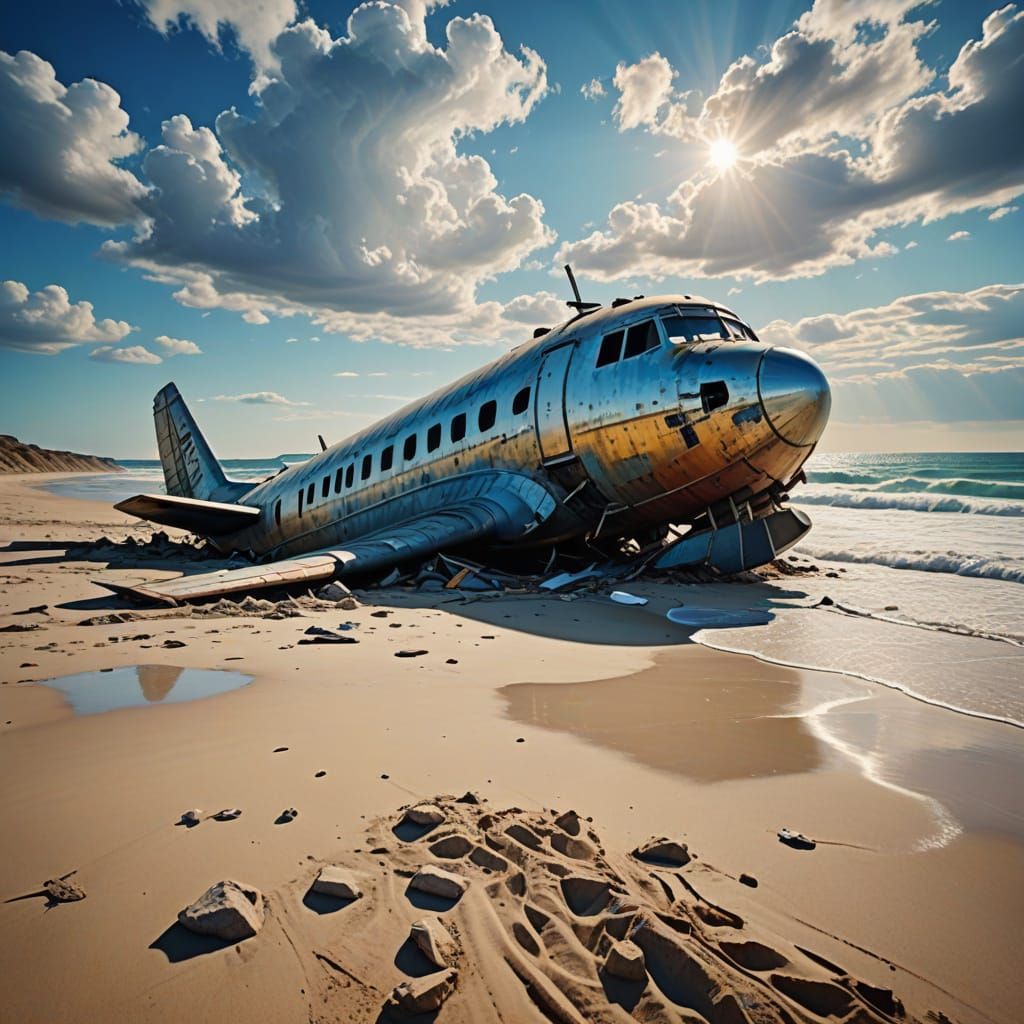Crashed Airplane on a Surreal Beach in Vibrant Pastel Colors