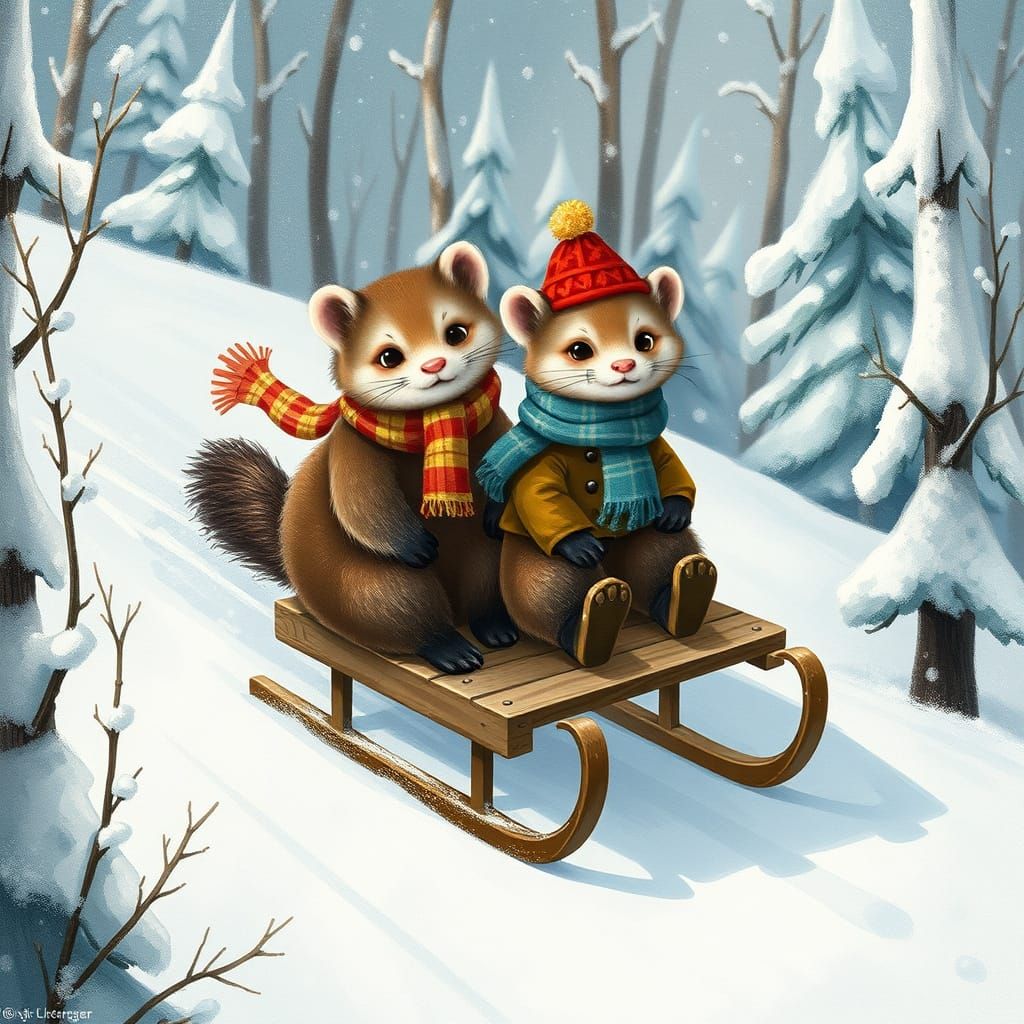 Minks Sledding Downhill in Storybook Illustration