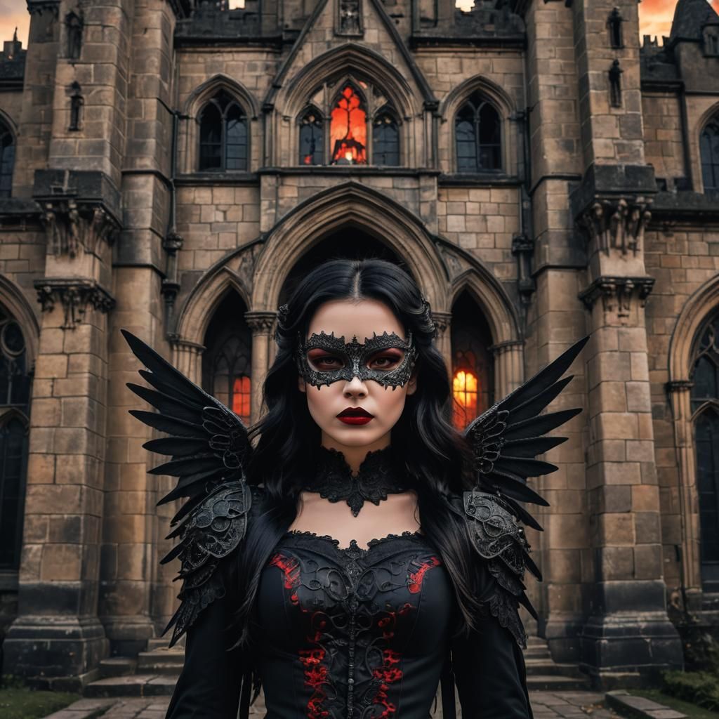 Gothic Angel with Glowing Wings at Sunset