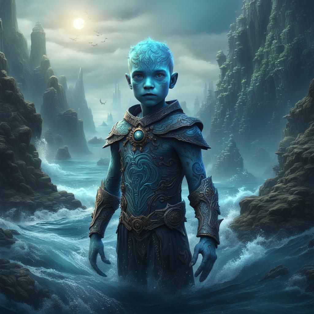 Dark Fantasy Sea Humanoid Child in Detailed Matte Painting