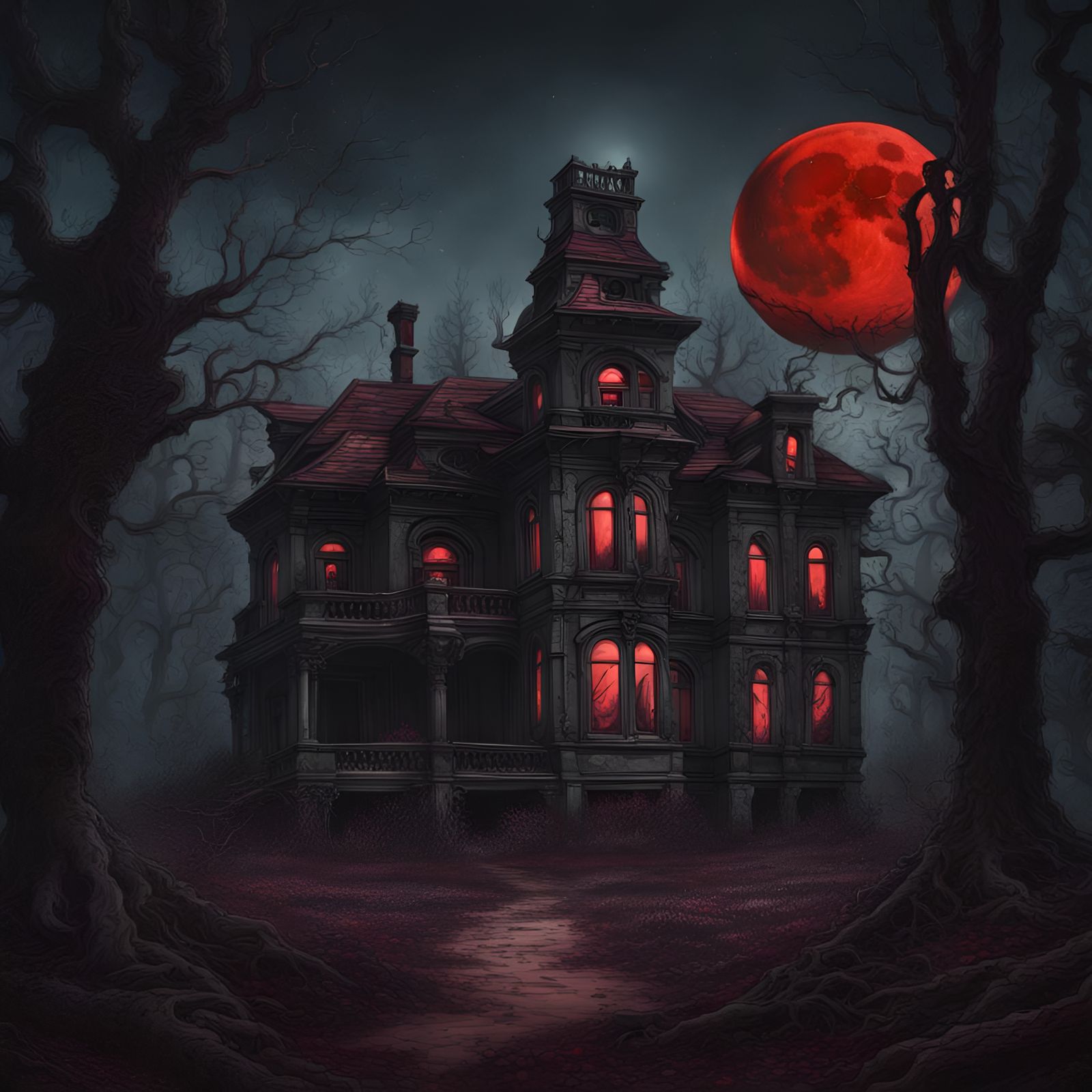 Eerie Forest Mansion Under Blood Moon