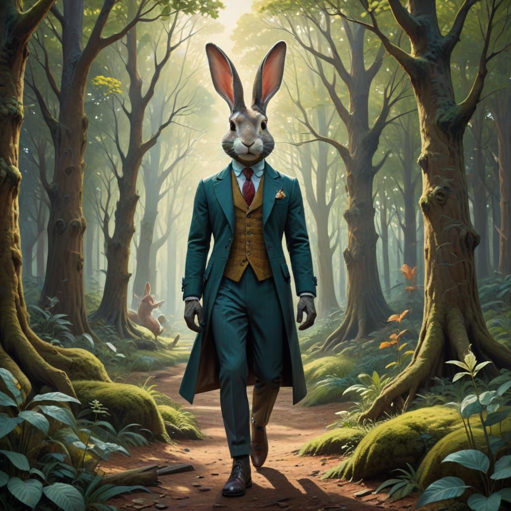 Victorian Man Encounters Giant Rabbit in Surreal Geometric F...
