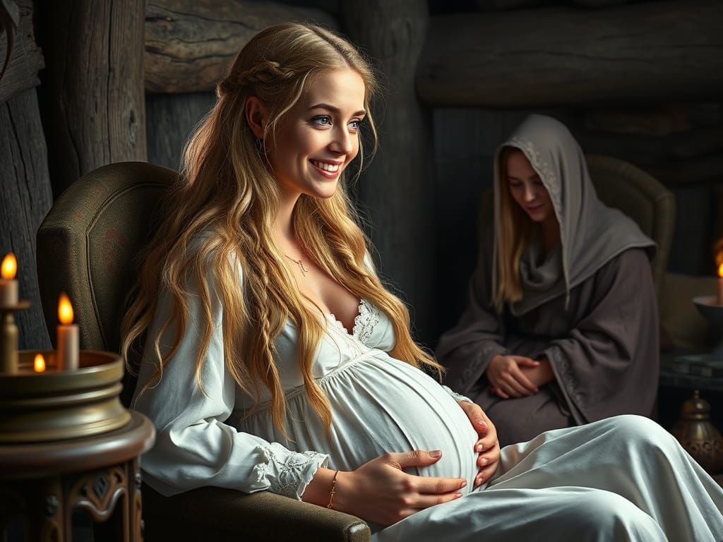 Anglo-Saxon Druid Mother in Labour in a Fantastical Bedchamb...