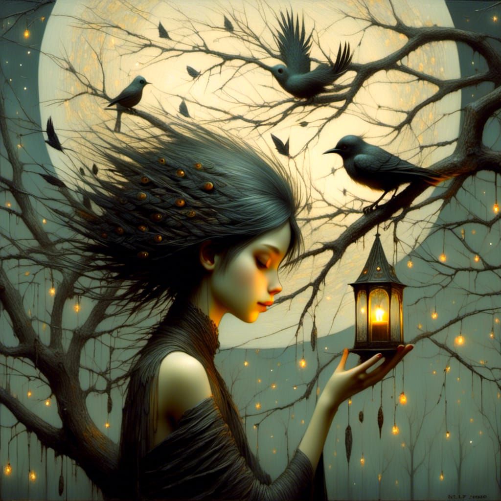 Mysterious Bird-Girl Hiding in Starry Tree Branches