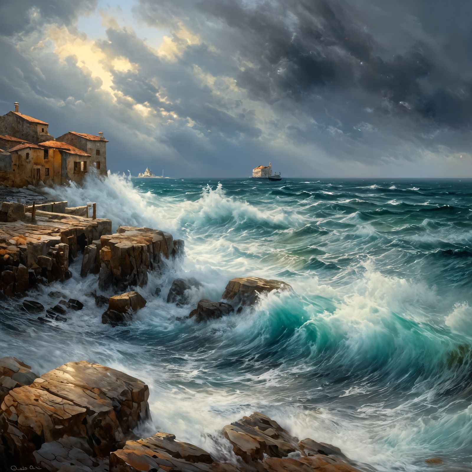 Ship in Stormy Sea: Volumetric Lighting Seascape
