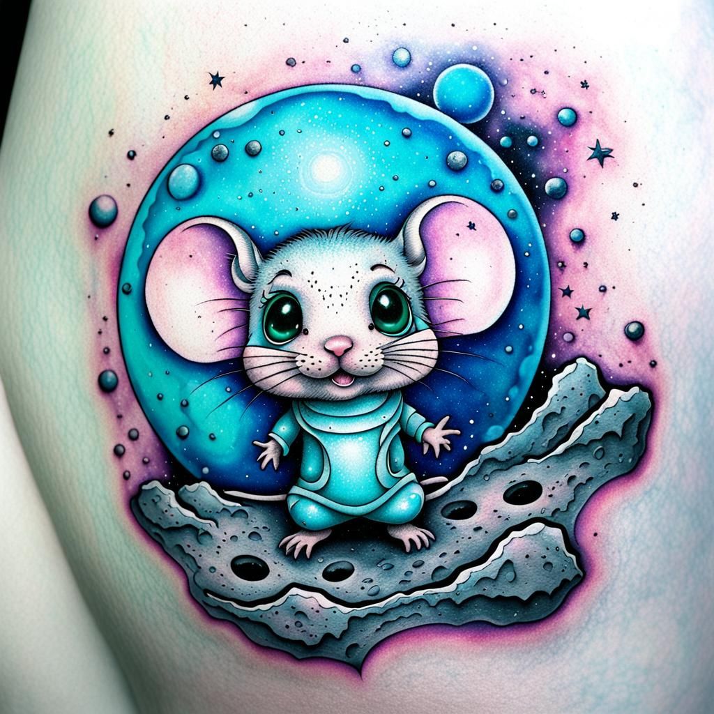 Aqua Chibi Mouse Tattoo on Moon with Space Background