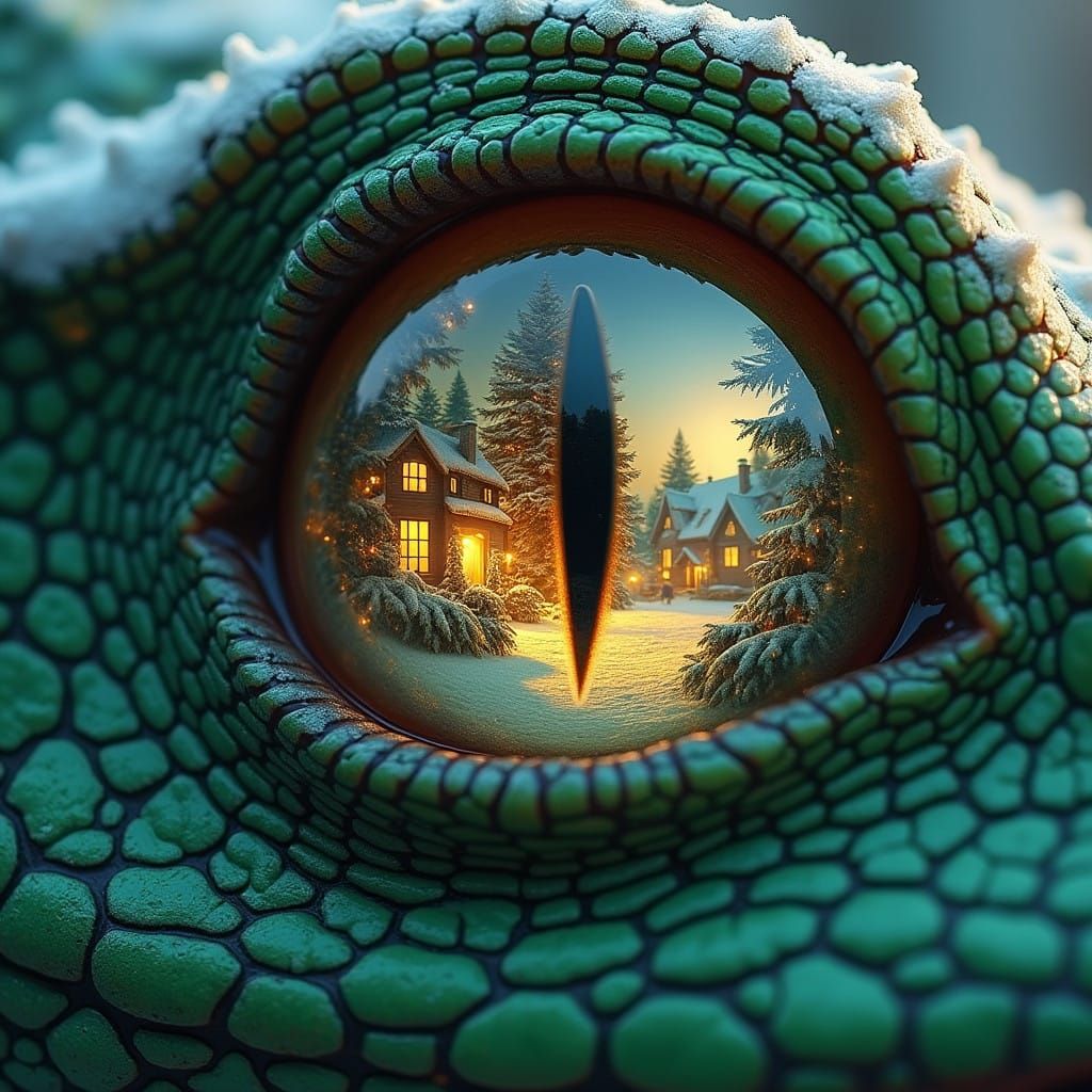 Emerald-Scaled Lizard's Eye Reflects Serene Christmas Wonder...