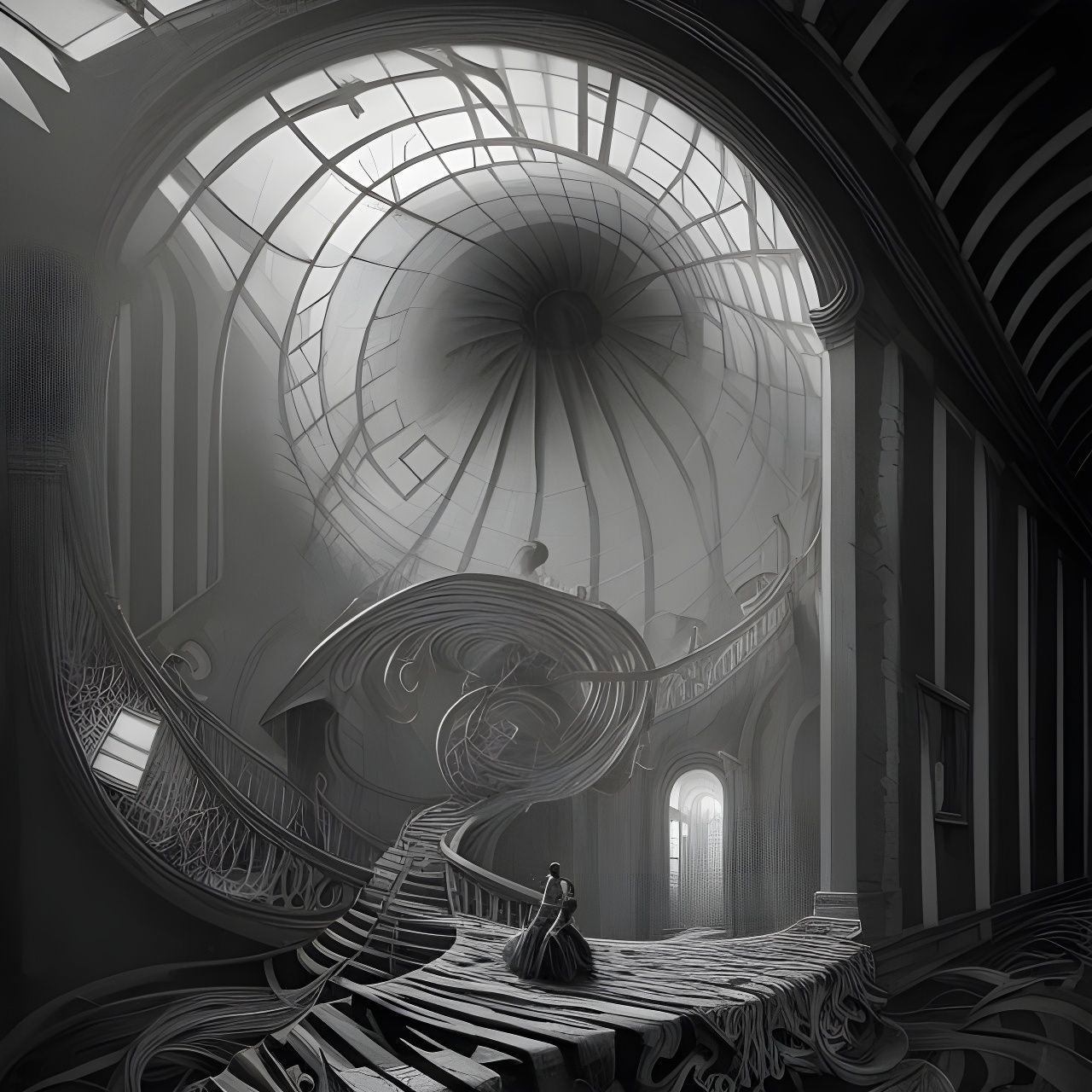 Surreal Abandoned Hallway Inspired by Intricate Engravings
