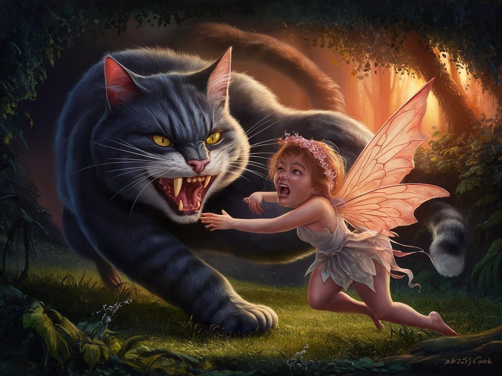 Evil Cat Attacks Fairy in Forest Glade