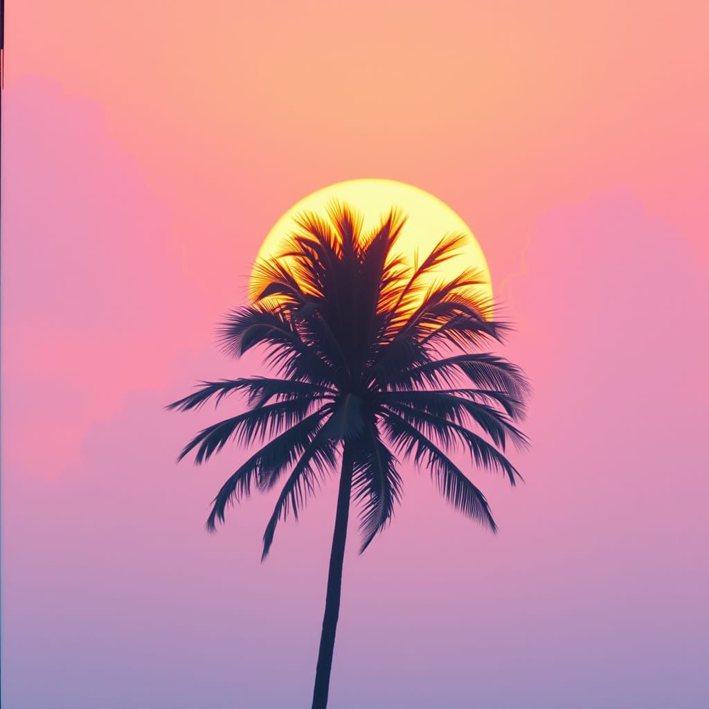 Retro Futuristic Miami Sunset with Palm Tree and Macintosh L...