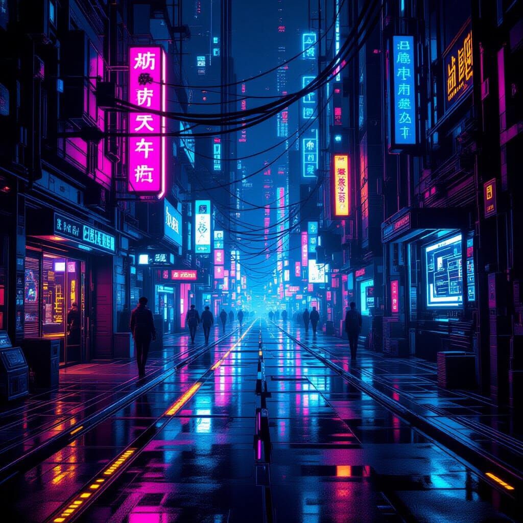 Cyberpunk Network of Glowing Circuits and Wires