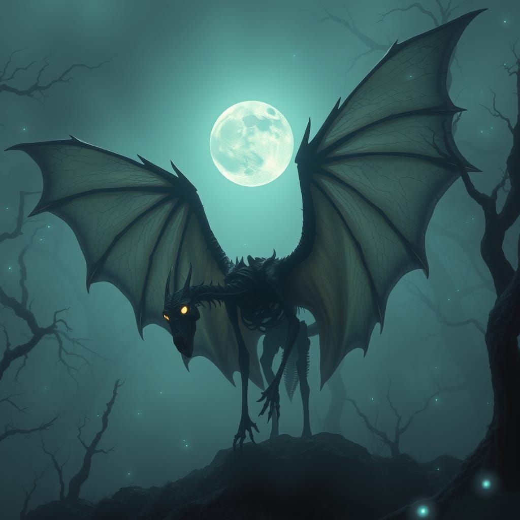 Skeletal Thestral Spreads Wings in Moonlit Forest