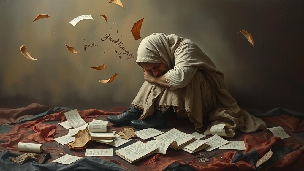 Surreal Figure Overwhelmed by Thoughts in Dreamlike Landscap...