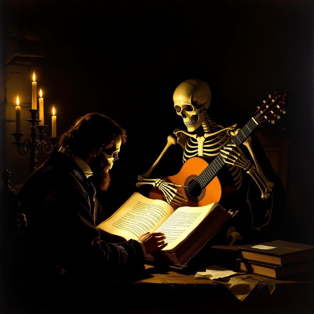 Skeletal Musicians in Candlelit Chamber Oil Painting