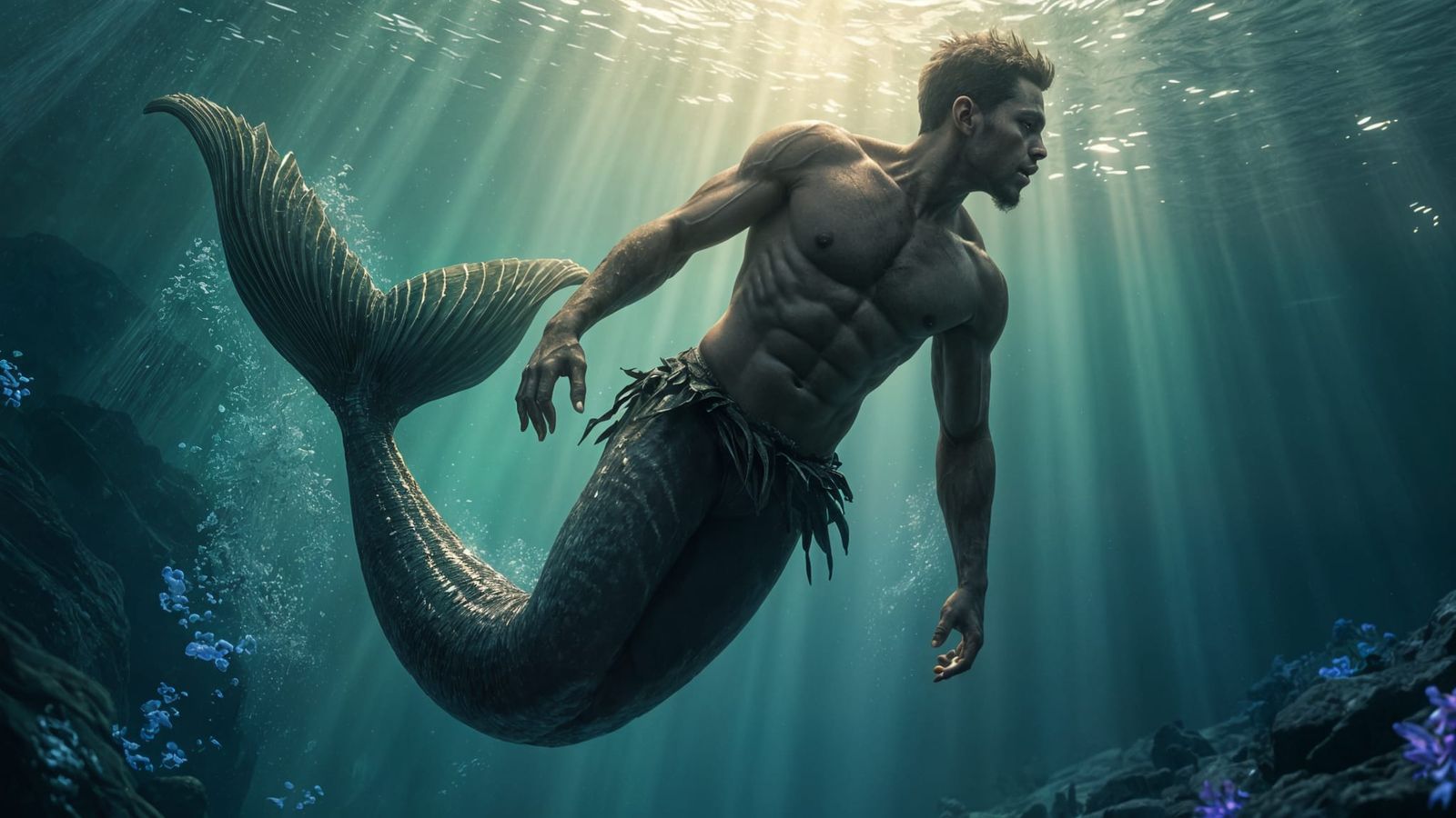 Dark Fantasy Merman in Dynamic Underwater Scene