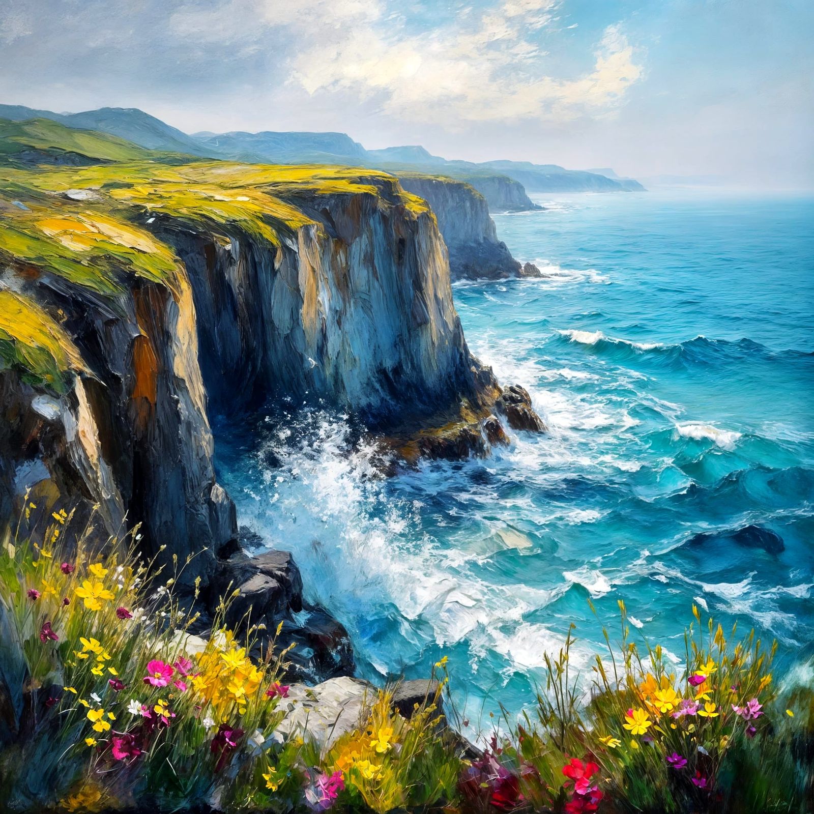 Impressionist Seascape: Rugged Cliffs and Churning Ocean